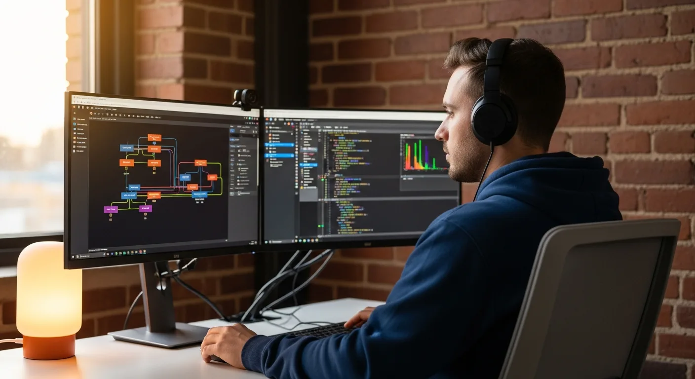 Voice infrastructure engineer at workstation reviewing SIP trunk topology and conversational AI orchestration code during Twilio layoffs 2026
