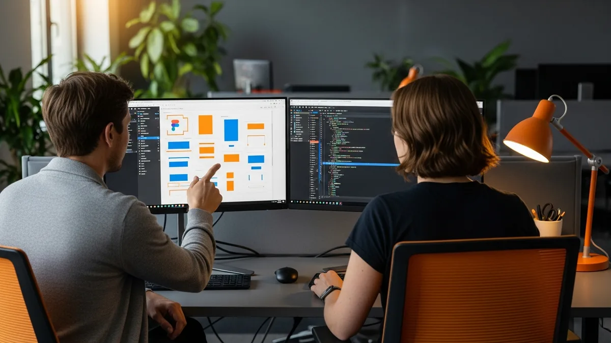 UX designer collaborating with a senior software engineer at a dual-monitor workstation reviewing a Figma component library alongside production code
