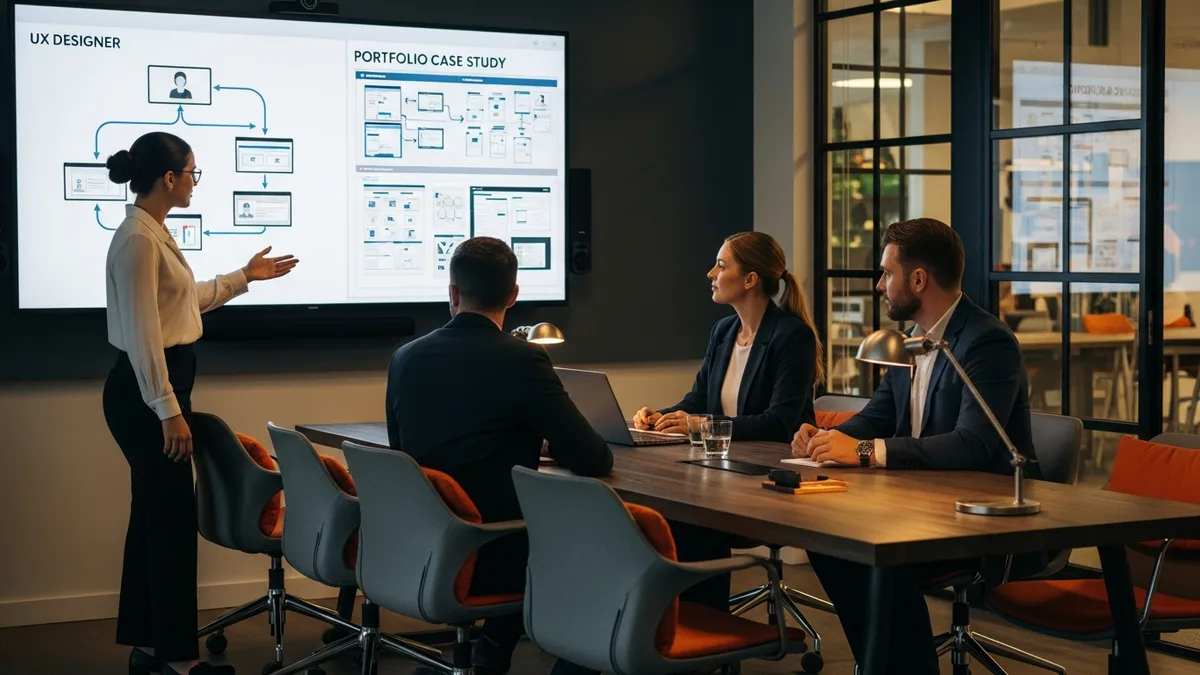 Hiring panel reviewing a UX designer portfolio case study during an on-site interview, with the candidate walking through a user flow diagram on a large display