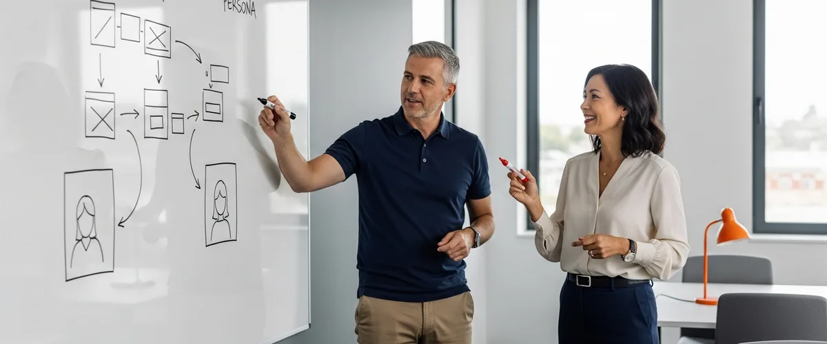 Two senior UX designers reviewing a user journey map at a whiteboard in a modern conference room - featured image for the KORE1 UX designer interview questions guide