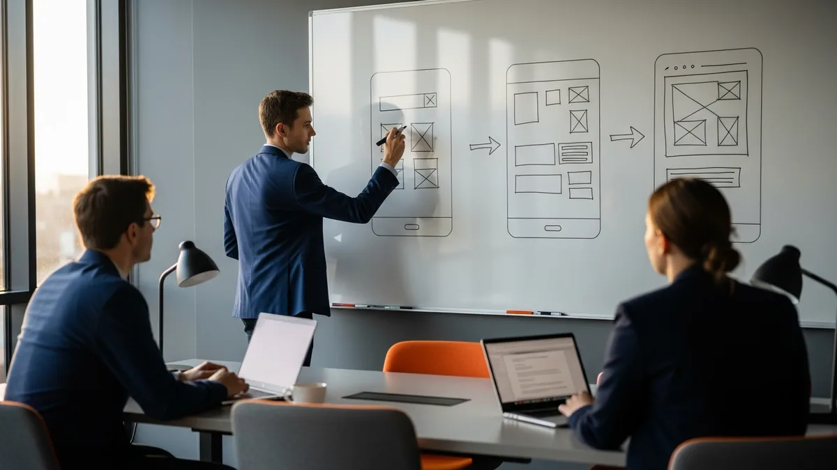 UX designer sketching wireframes on a whiteboard during a live design challenge interview while two interviewers observe and take notes