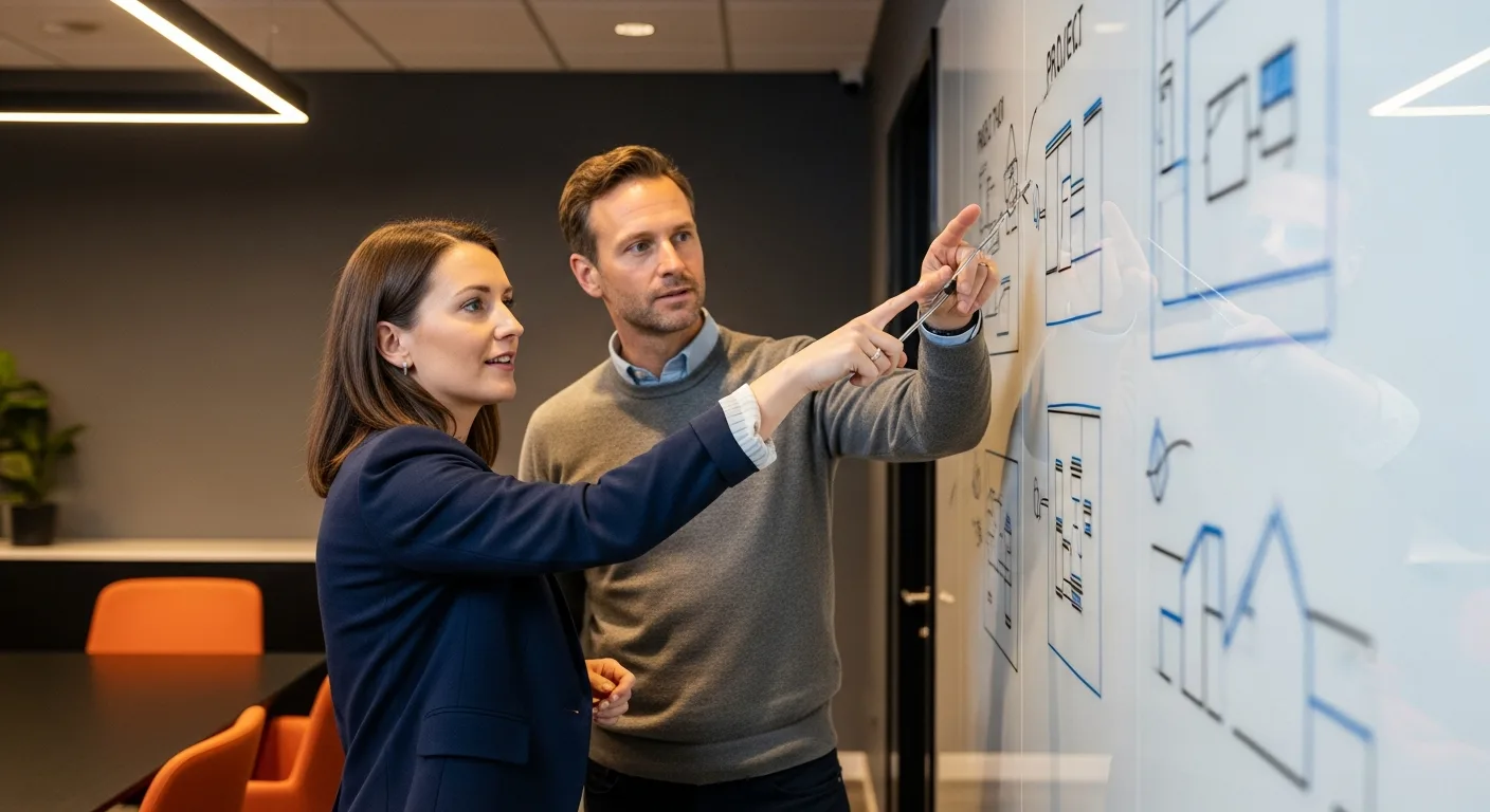 Hiring manager and recruiter reviewing VMware to Nutanix migration project plan on a conference room whiteboard in 2026
