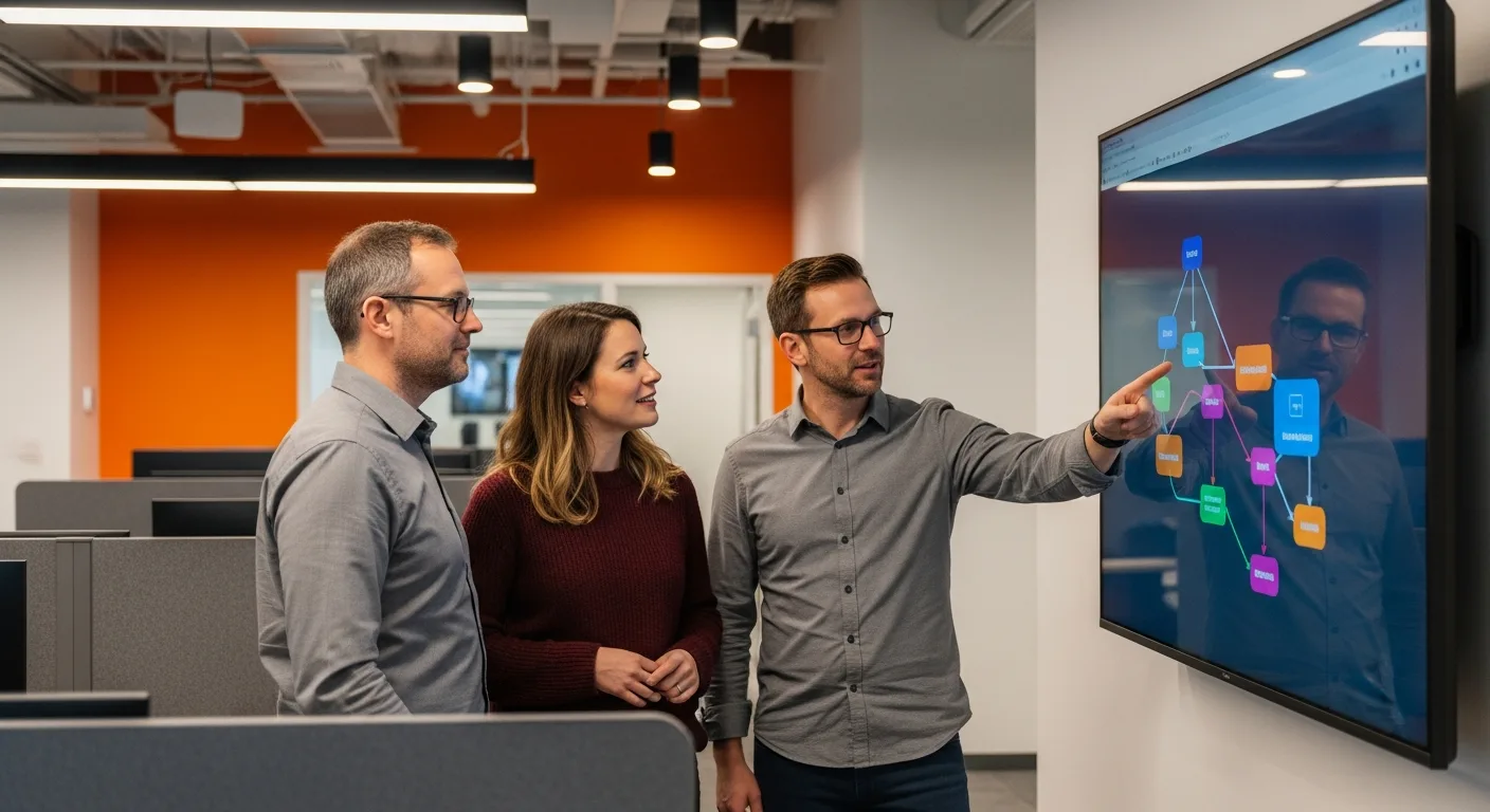Three platform engineers collaborating on a cloud migration architecture diagram in a modern 2026 enterprise workspace