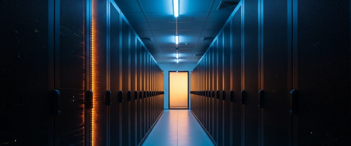 VMware Layoffs 2026 featured image of a modern enterprise data center corridor with orange accent lighting