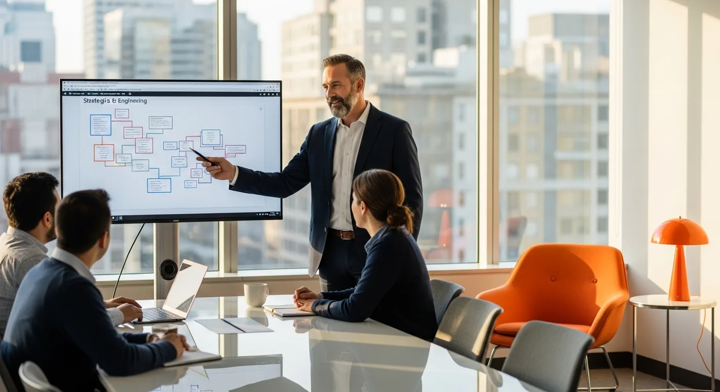 Male VP of engineering in navy blazer presenting product roadmap on monitor to three engineering leaders at glass conference table in modern tech startup office