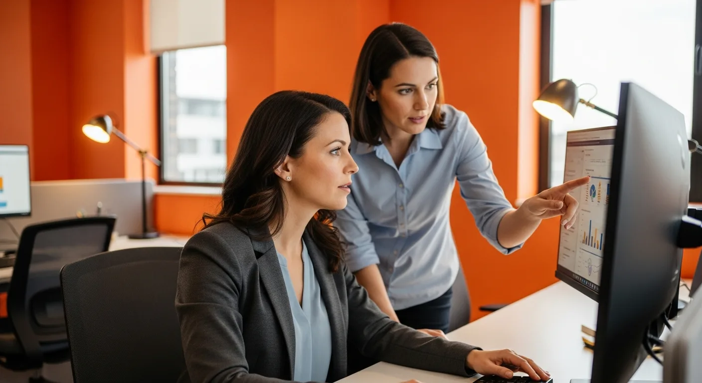 Female VP of engineering at desk reviewing compensation analysis on monitor with HR business partner standing beside her in modern executive workspace