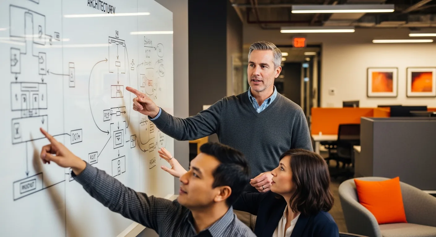 Male VP of engineering leading whiteboard architecture review with two senior software engineers in modern open-plan engineering office