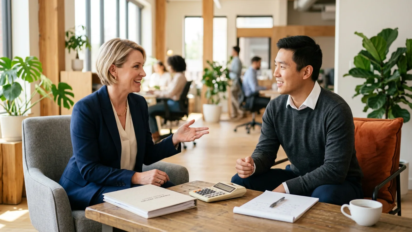 KORE1 accounting recruiter meeting a finance candidate across a desk with a bound financial report, a desk calculator, and handwritten notes in a bright modern office