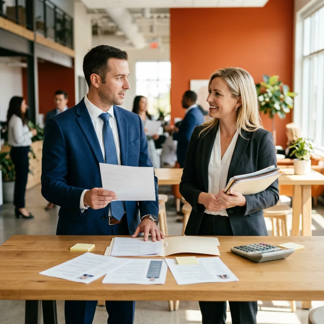 Two KORE1 recruiters comparing notes on accounting candidates at a table with printed resumes, manila folders, and a desk calculator
