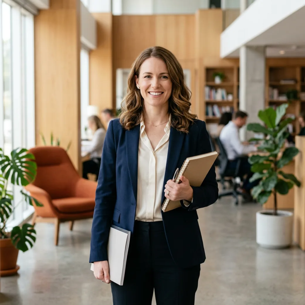 Confident accountant placed by KORE1 recruiters standing in a bright modern finance office holding a bound report and a notepad