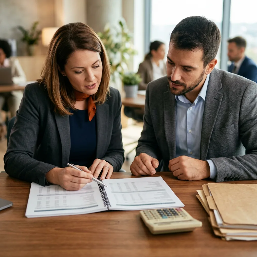 KORE1 accounting recruiter and a finance candidate reviewing a printed financial statement and a desk calculator at a wood desk