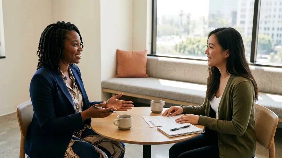 KORE1 accounting recruiter meeting a finance candidate at a Los Angeles office
