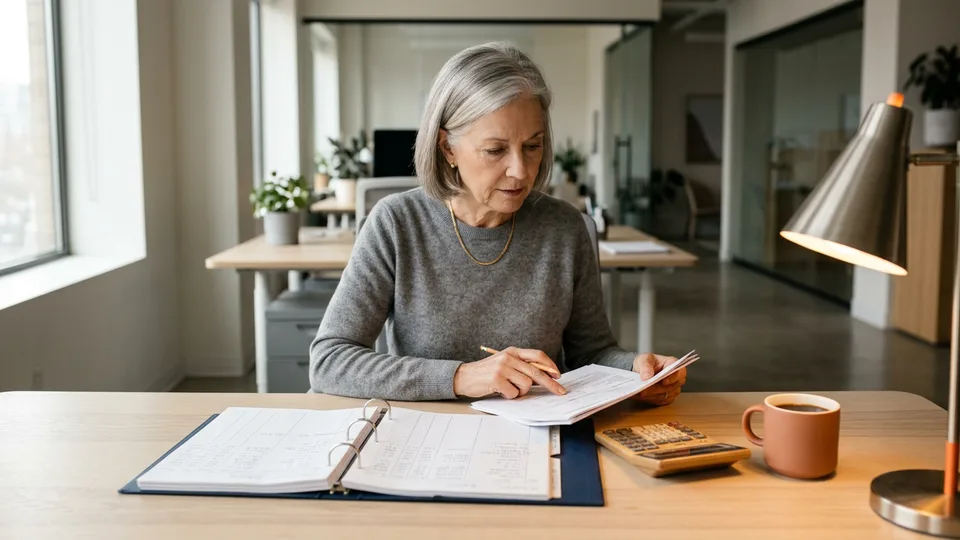 Senior accountant and controller reviewing printed financial statements during a Los Angeles month-end close