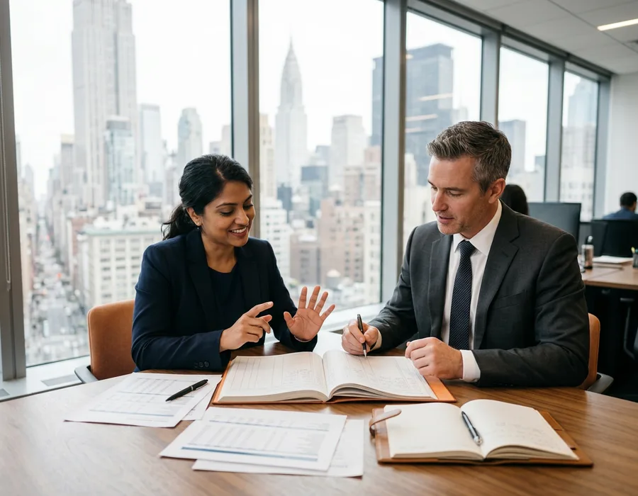 Accounting and finance professionals reviewing documents in a Midtown Manhattan office, KORE1 accounting staffing New York
