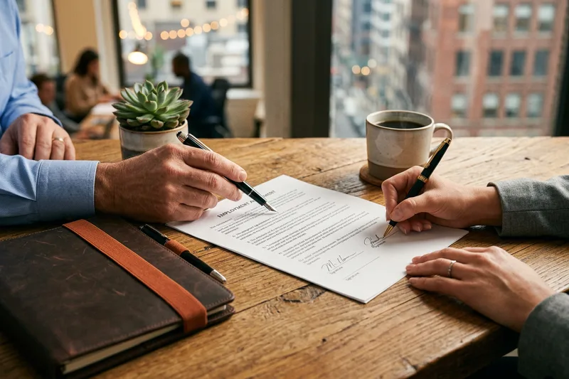 Hands reviewing and signing an accounting hire agreement in a New York office