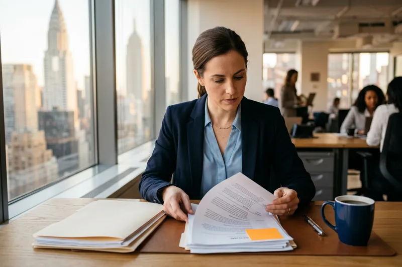 KORE1 recruiter reviewing accountant candidate resumes for a New York City finance team