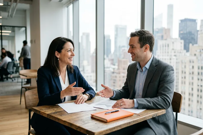 Finance hiring manager and KORE1 recruiter comparing contract and direct-hire options in New York