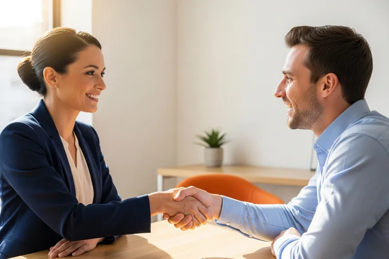 Hands reviewing and signing an accounting hire agreement beside a laptop in an Orange County office