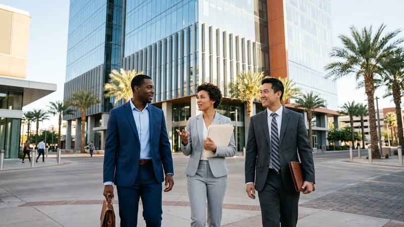 Finance professionals at a corporate office near the downtown Phoenix skyline