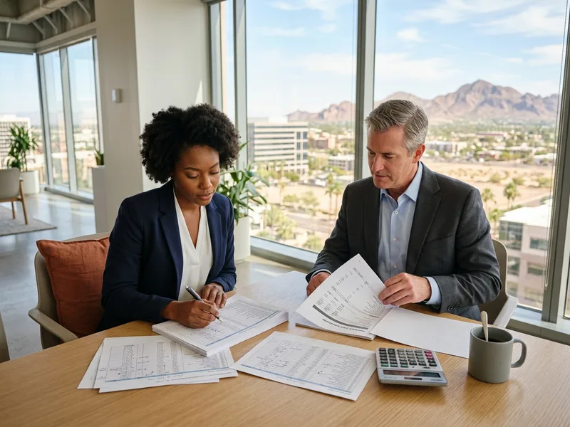 Accounting and finance team reviewing month-end close reports at a Phoenix staffing agency with desert mountains visible through the windows