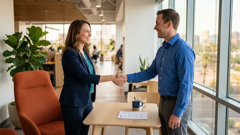 KORE1 accounting recruiter meeting a finance candidate in a bright Phoenix office