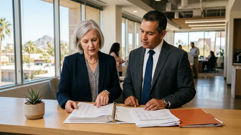 Senior accountant and controller reviewing printed financial statements during a Phoenix month-end close