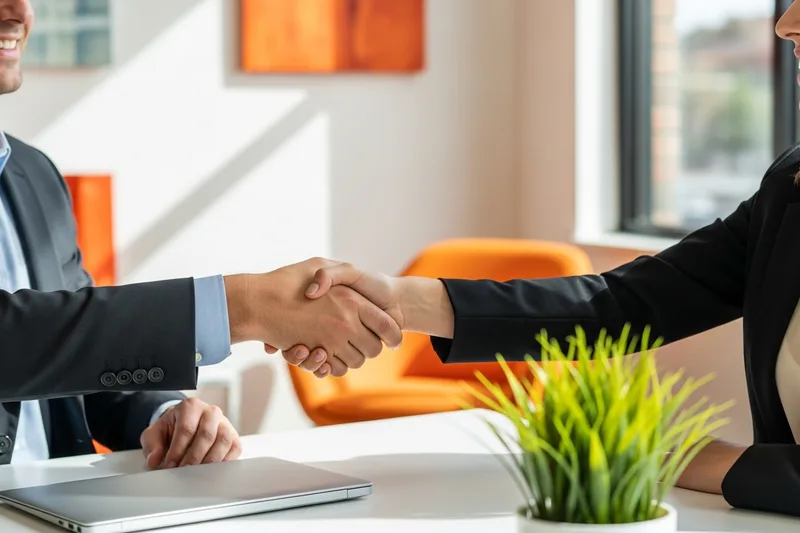 Hands reviewing and signing an accounting hire agreement beside a laptop in a San Diego office