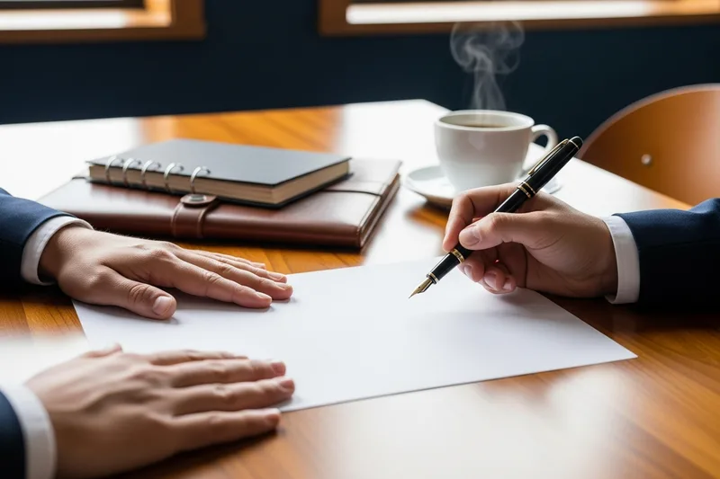 Hands reviewing and signing an accounting hire agreement at a desk in a San Francisco office