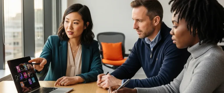 Three senior Adobe creative-software engineers reviewing a 2026 KORE1 hiring matrix at a conference table