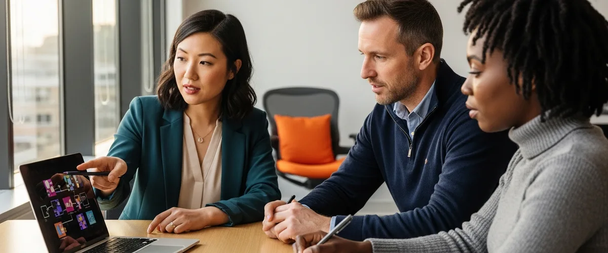 Three senior Adobe creative-software engineers reviewing a 2026 KORE1 hiring matrix at a conference table