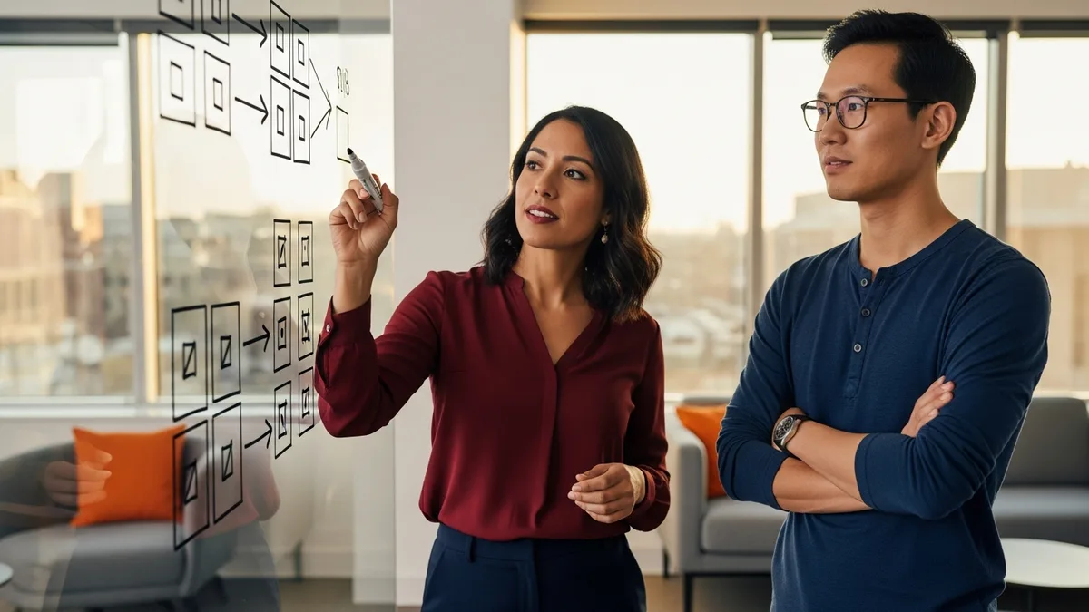 Two senior creative-software engineers sketching the six Adobe engineering skill profiles on a glass whiteboard in 2026