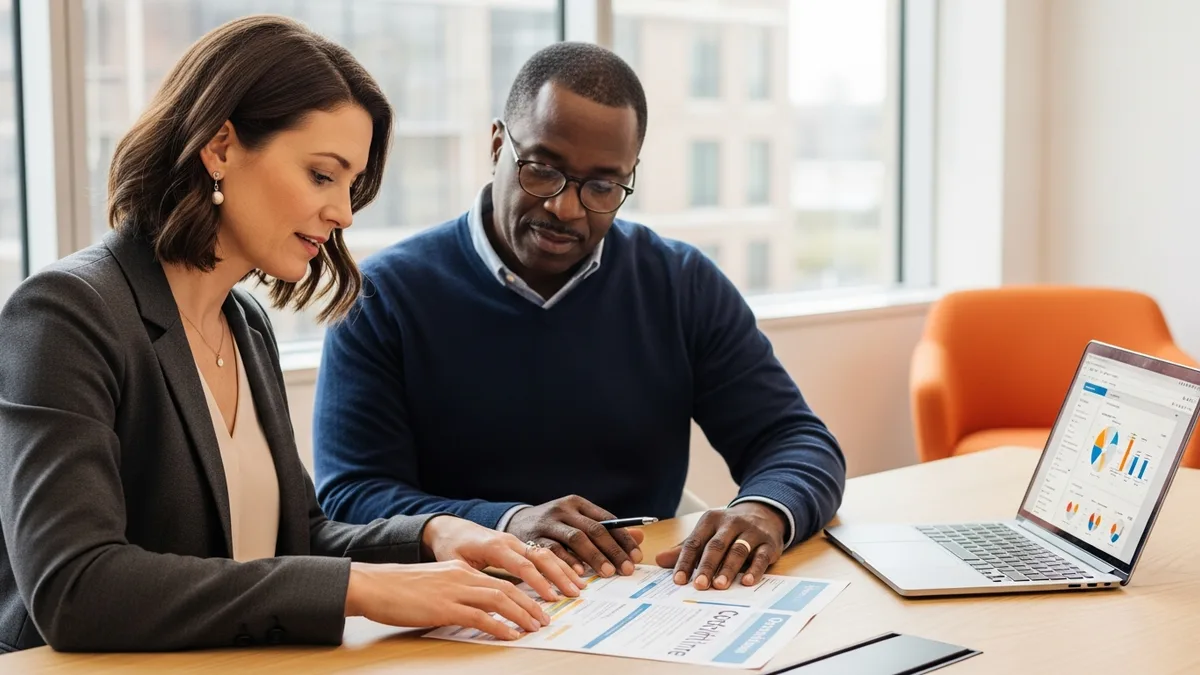 Hiring manager and KORE1 recruiter reviewing a candidate pipeline of displaced Adobe creative-software engineers in 2026