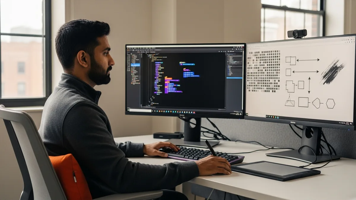 Senior Adobe Photoshop image-processing engineer at a dual-monitor workstation with a graphics tablet in a 2026 creative-engineering office
