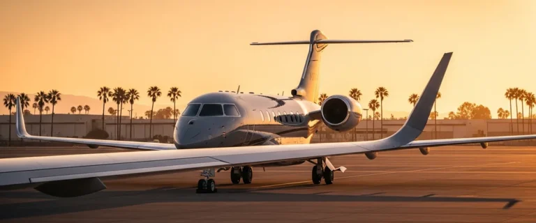 Sleek business jet parked on a Southern California tarmac at golden hour with palm trees