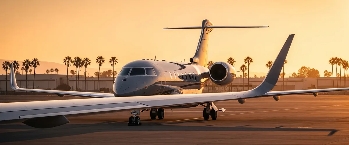 Sleek business jet parked on a Southern California tarmac at golden hour with palm trees