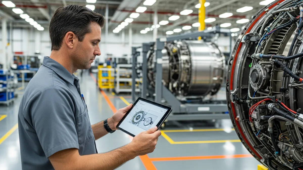 Manufacturing engineer with a tablet inspecting an aircraft engine assembly on a Southern California aerospace production floor