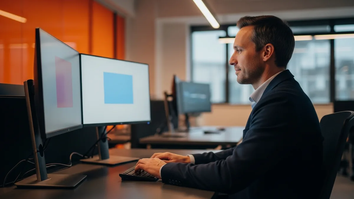 Agentic AI engineer building multi-agent systems at a two-monitor workstation
