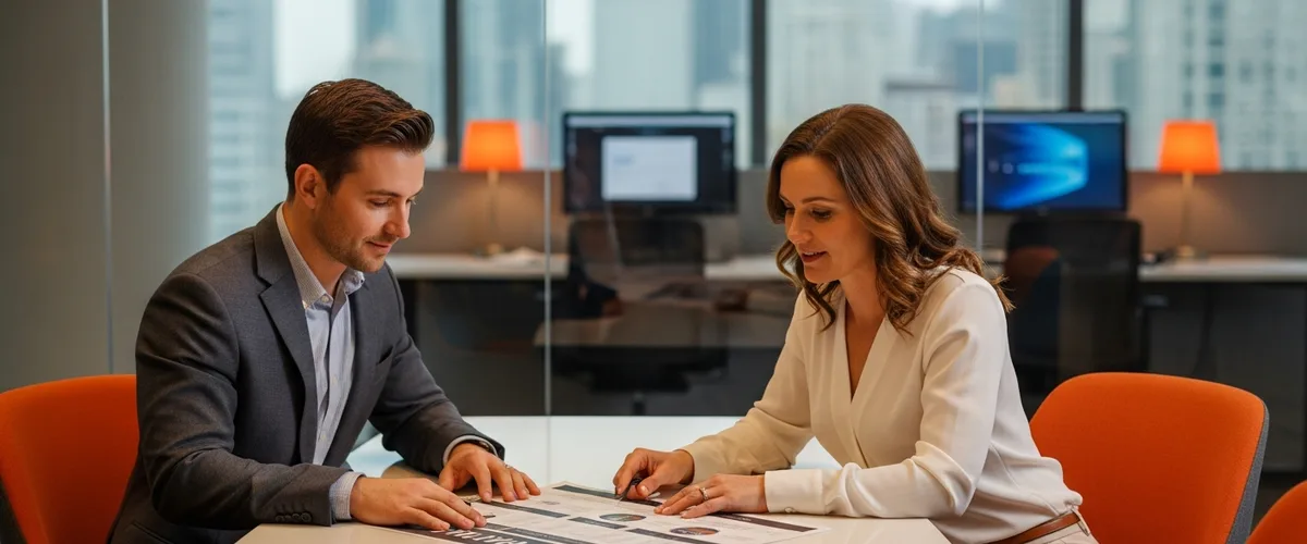 Hiring manager and engineering director reviewing an agentic AI engineering hiring plan in a modern office