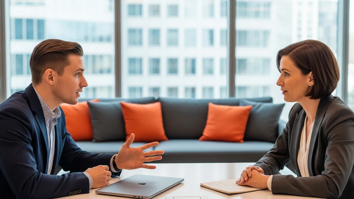 Technical recruiter and hiring manager discussing an agentic AI engineer search across a meeting table
