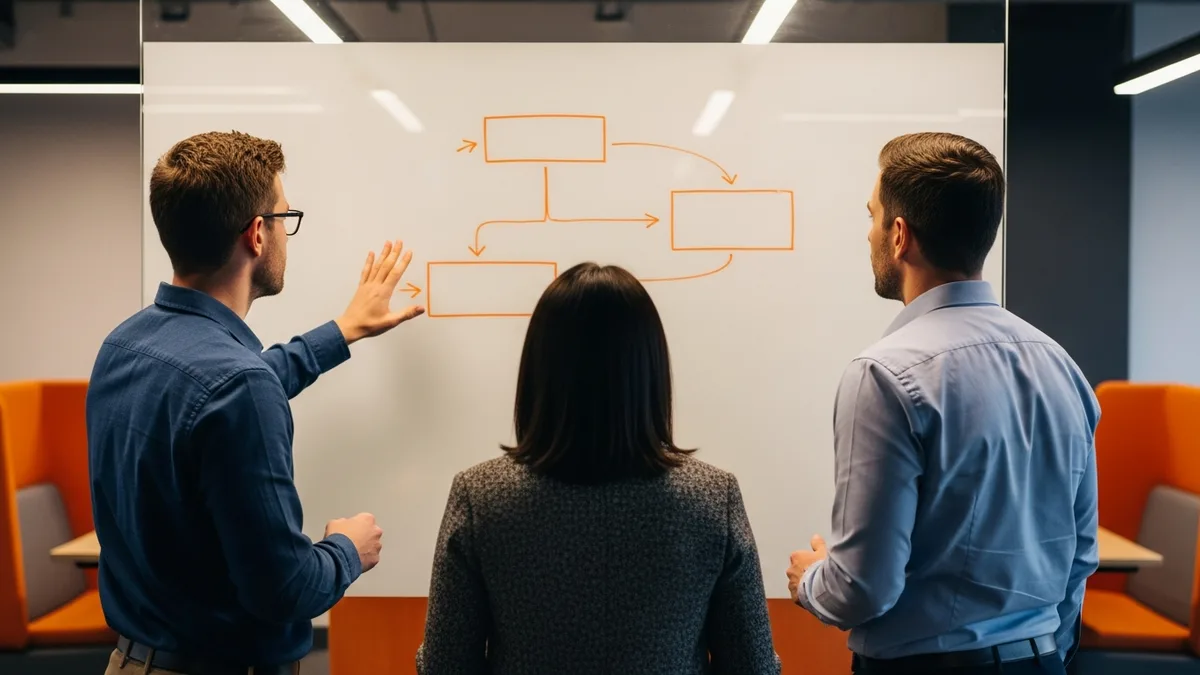 Engineering team mapping a build-versus-buy AI strategy on a whiteboard with orange boxes and arrows