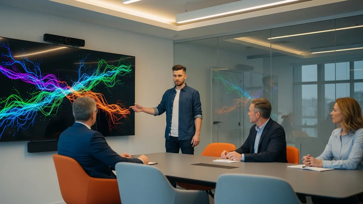 Engineer presenting an AI pilot demo to executives in a glass conference room
