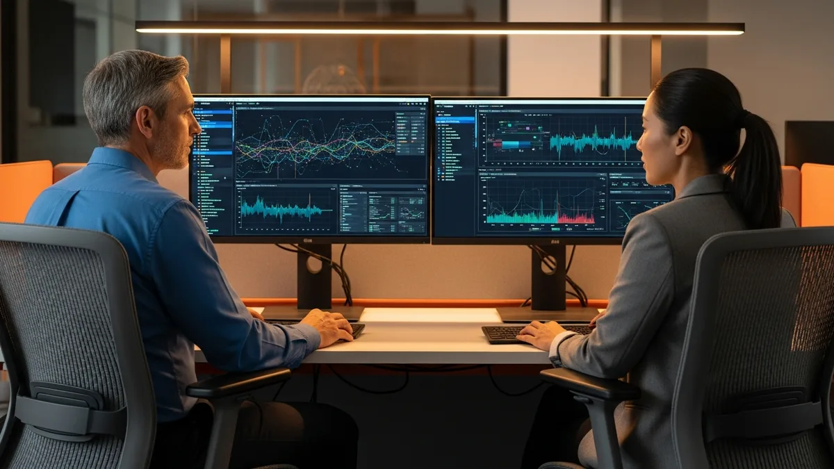 Two senior engineers monitoring an AI system running in production