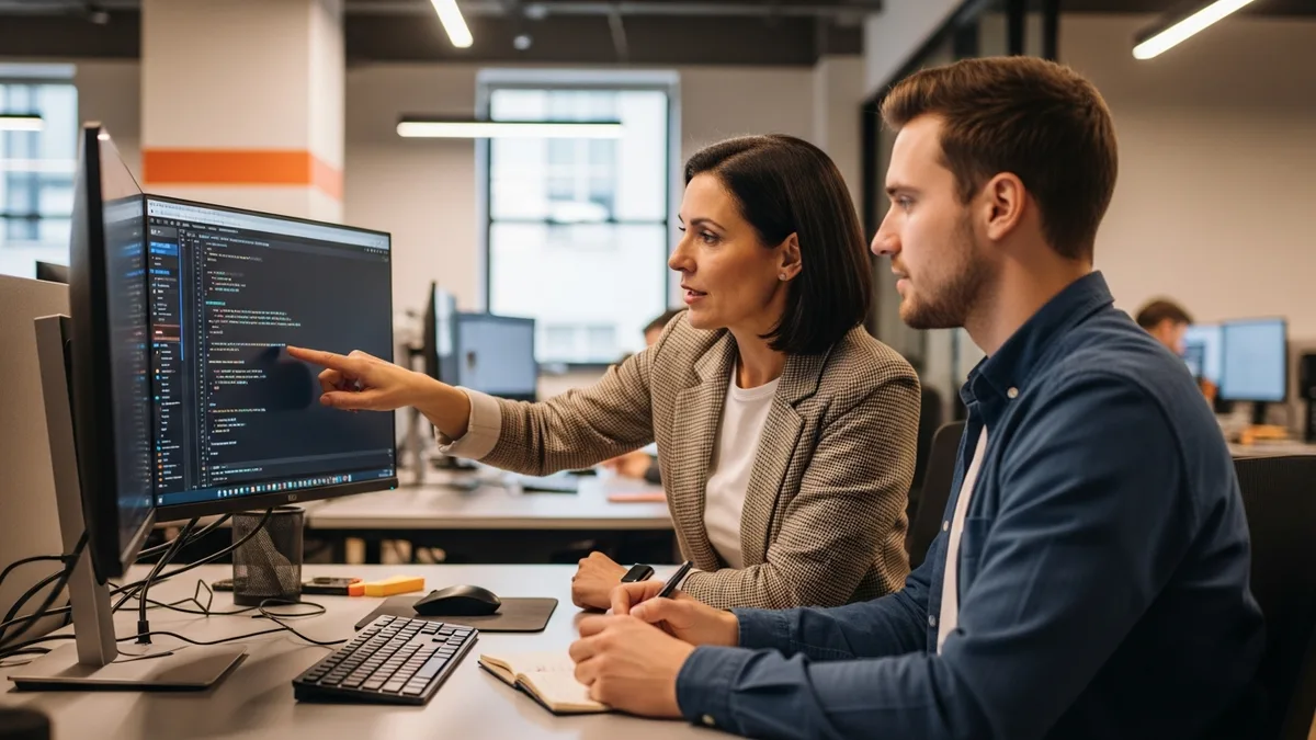 Senior and junior software engineers reviewing AI-written code together at a workstation