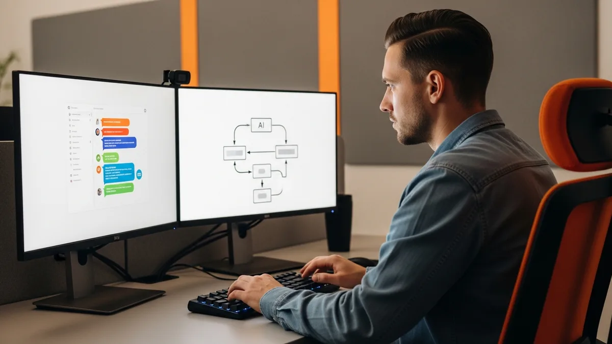 AI engineer at a dual-monitor workstation building an AI-powered application with a chat interface and a pipeline diagram