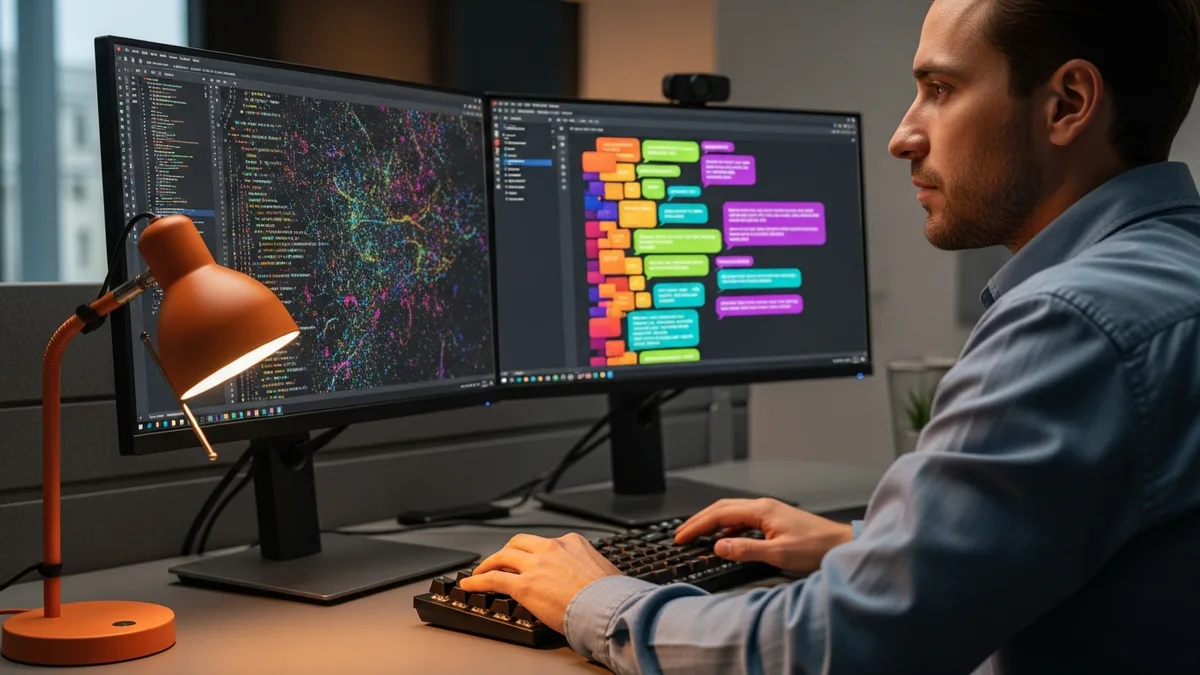 AI engineer building and debugging a retrieval-augmented application on a dual-monitor coding workstation
