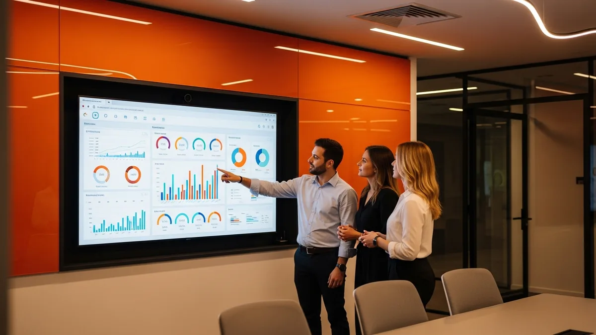 Hiring panel reviewing an AI feature evaluation and cost monitoring dashboard on a wall screen