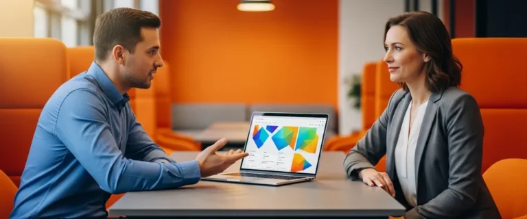 Hiring manager and AI engineer candidate in a job interview reviewing a laptop dashboard