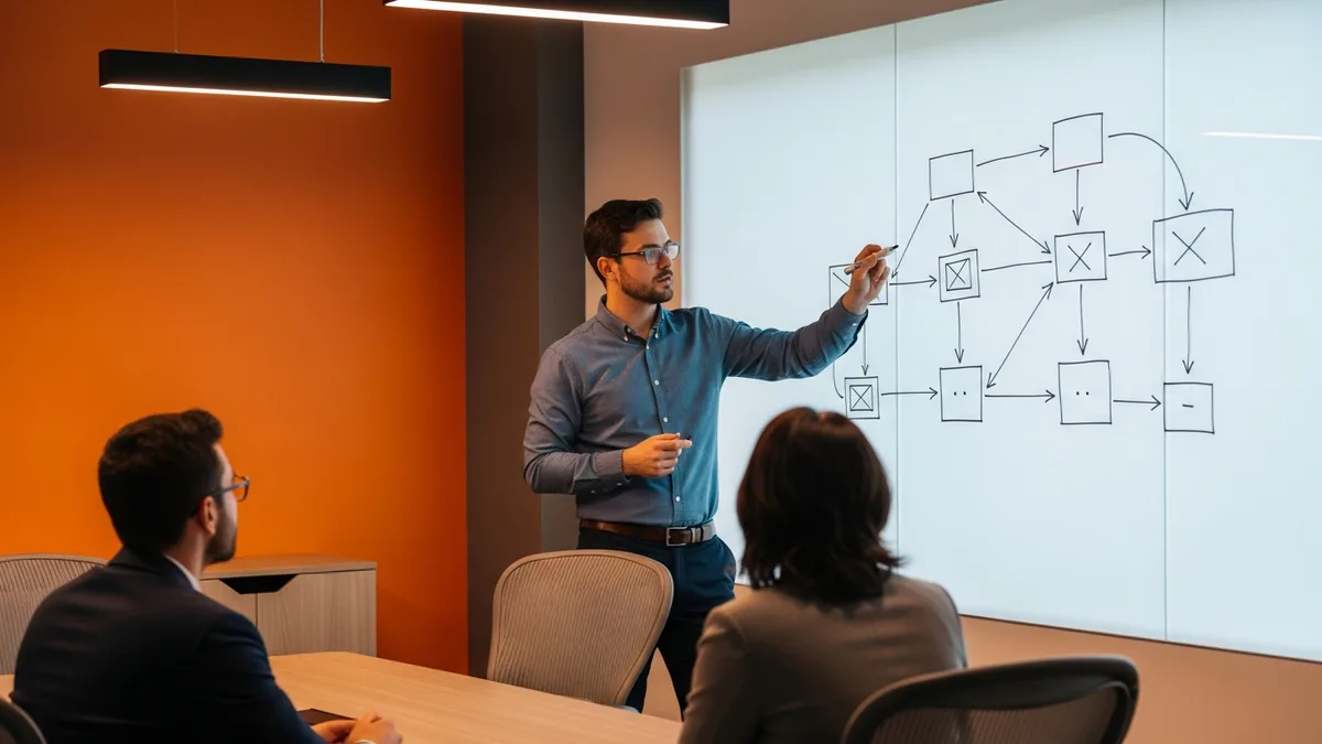 AI engineer candidate sketching an LLM and RAG system architecture diagram on a whiteboard during an interview