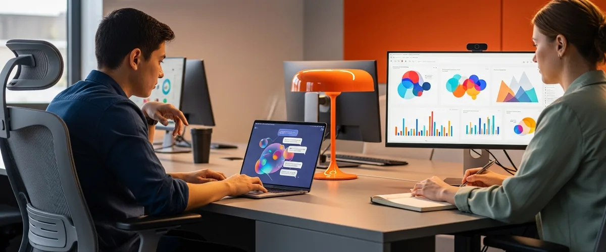 Two software engineers side by side, one building an AI application and one reviewing data charts, illustrating AI engineer versus ML engineer roles