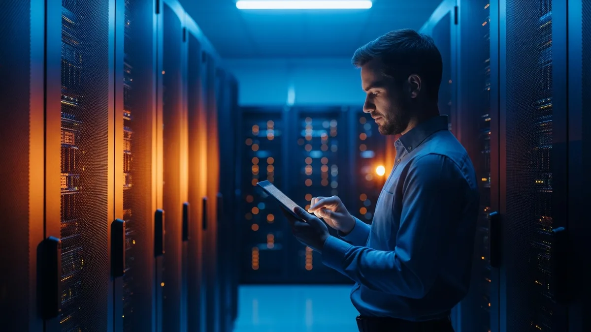AI infrastructure engineer monitoring GPU server racks in a data center, the scarce 2026 specialist role
